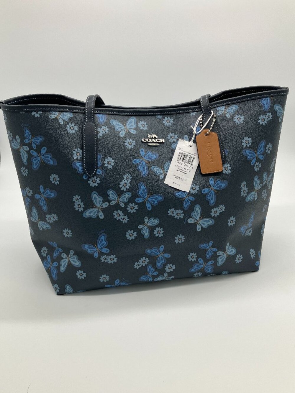 Coach Butterfly City Shoulder Tote Leather/Canvas Midnight Navy Blue NWT